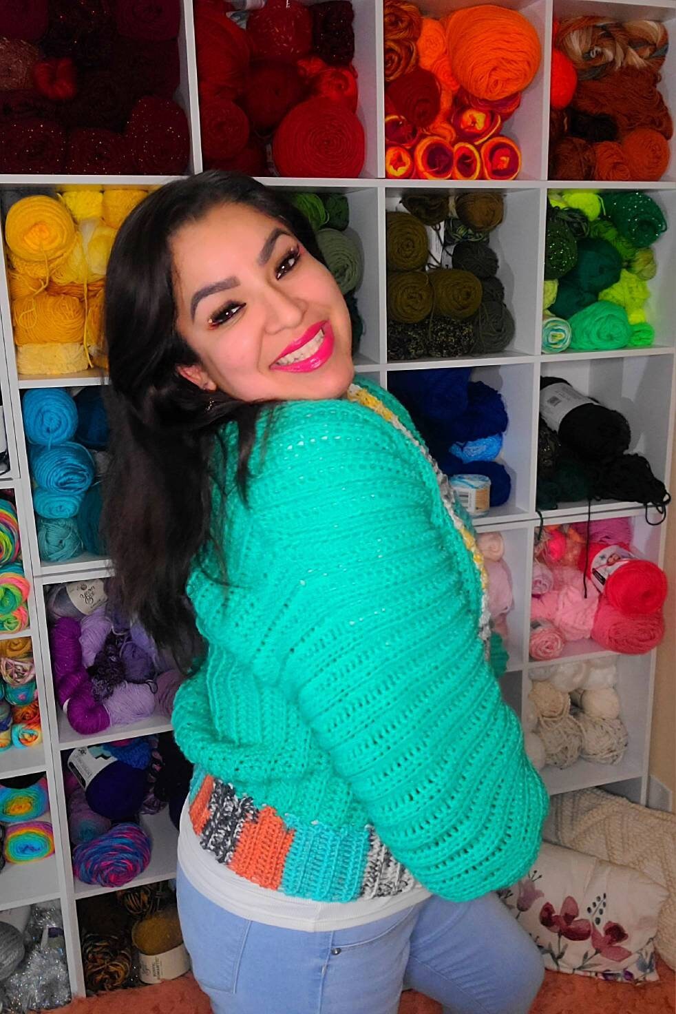 Crochet Love Cardigan Mini Jacket: Jade Green, Multicolor Border (Large)