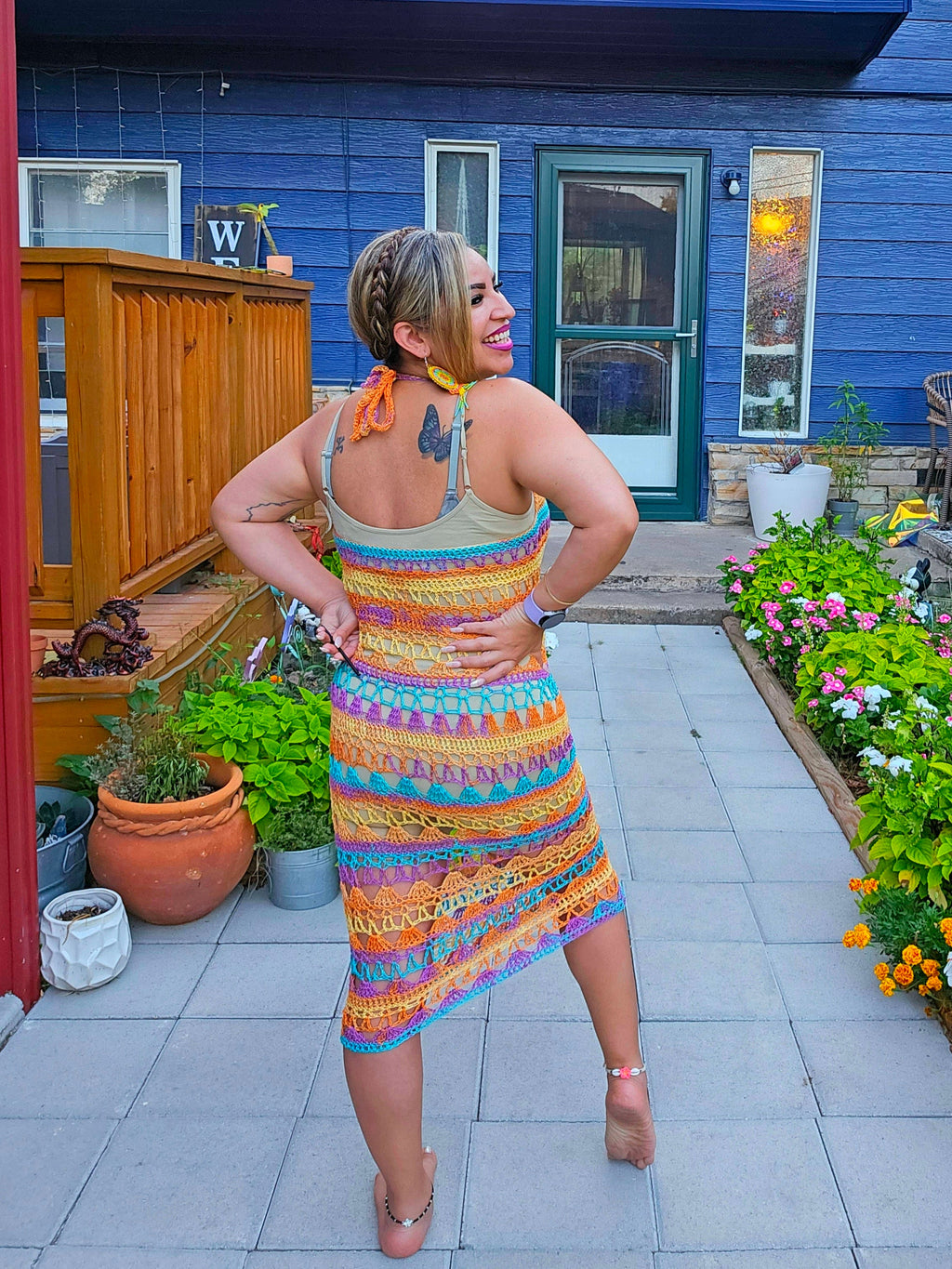 Crochet Sheer Halter Maxi Dress: Teal, Purple, Orange, Yellow - Size Medium