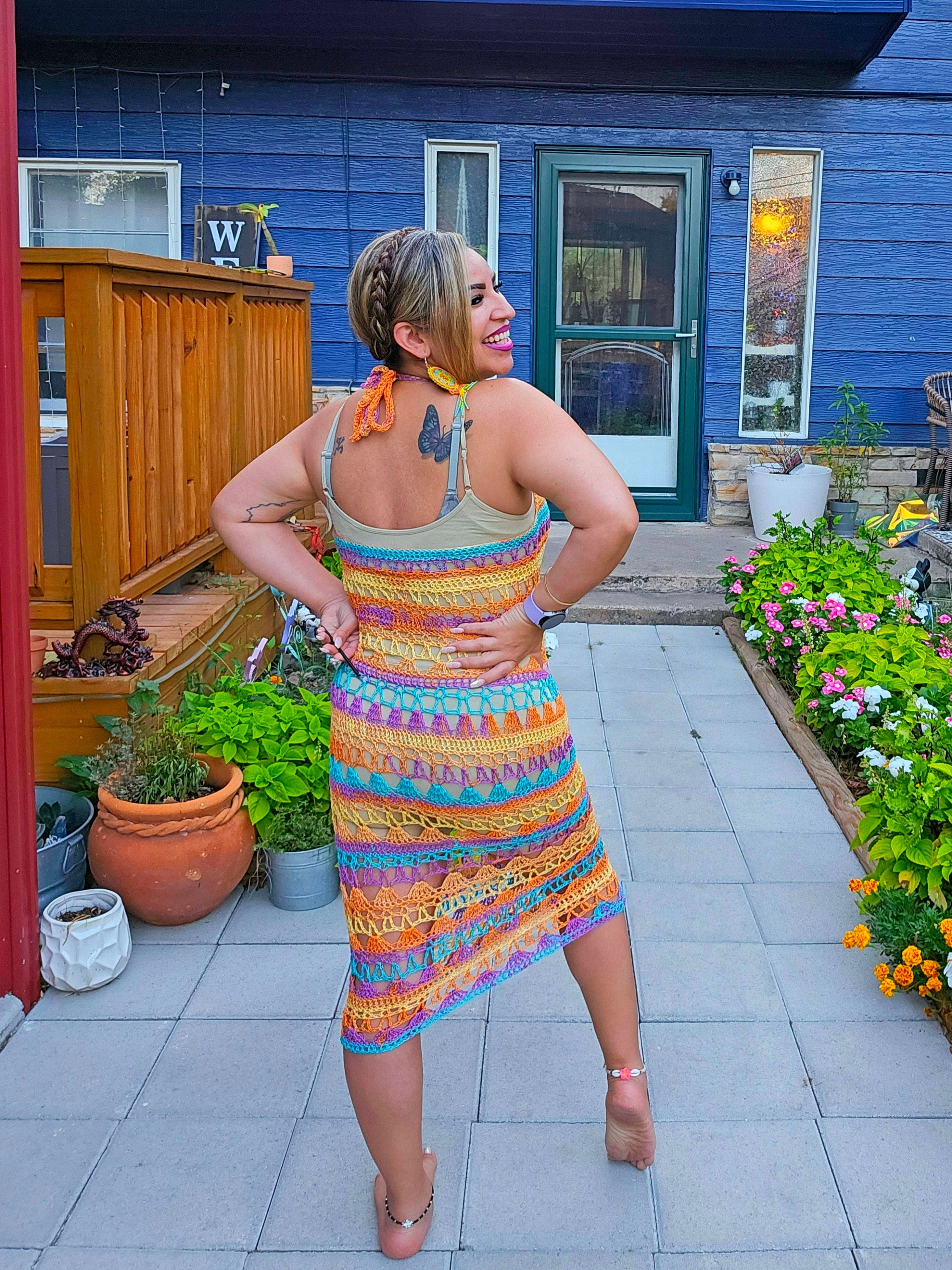 Crochet Sheer Halter Maxi Dress: Teal, Purple, Orange, Yellow - Size Medium