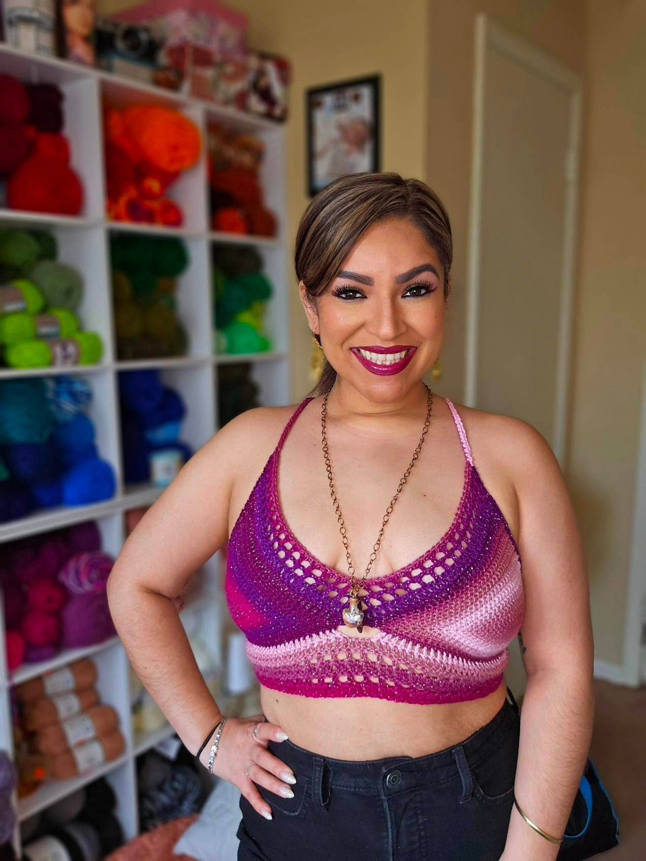 Pink Stardust Crochet Halter Top: Gold Sparkle Acrylic Crop Top
