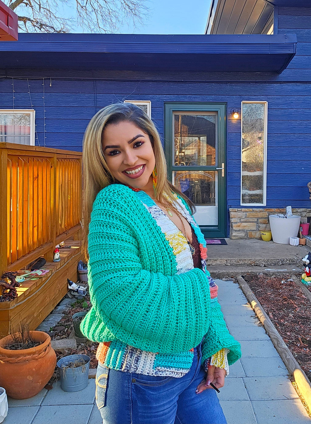 Crochet Love Cardigan Mini Jacket: Jade Green, Multicolor Border (Large)