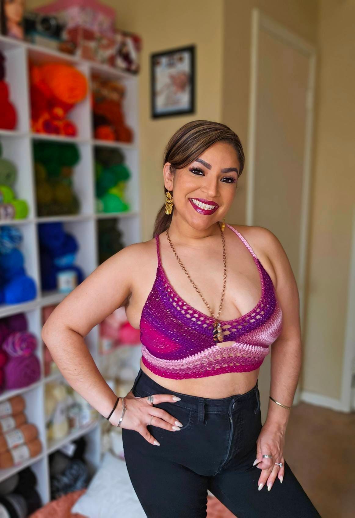 Pink Stardust Crochet Halter Top: Gold Sparkle Acrylic Crop Top