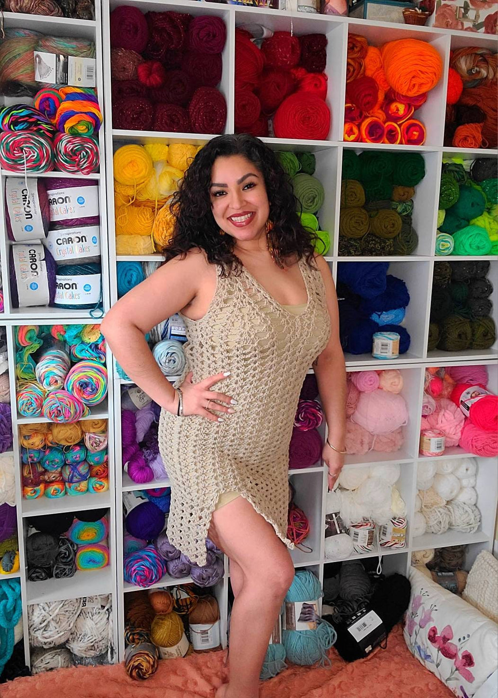 Crochet Dress: Sandy Cheeks Tan Cotton, Women's Size Large