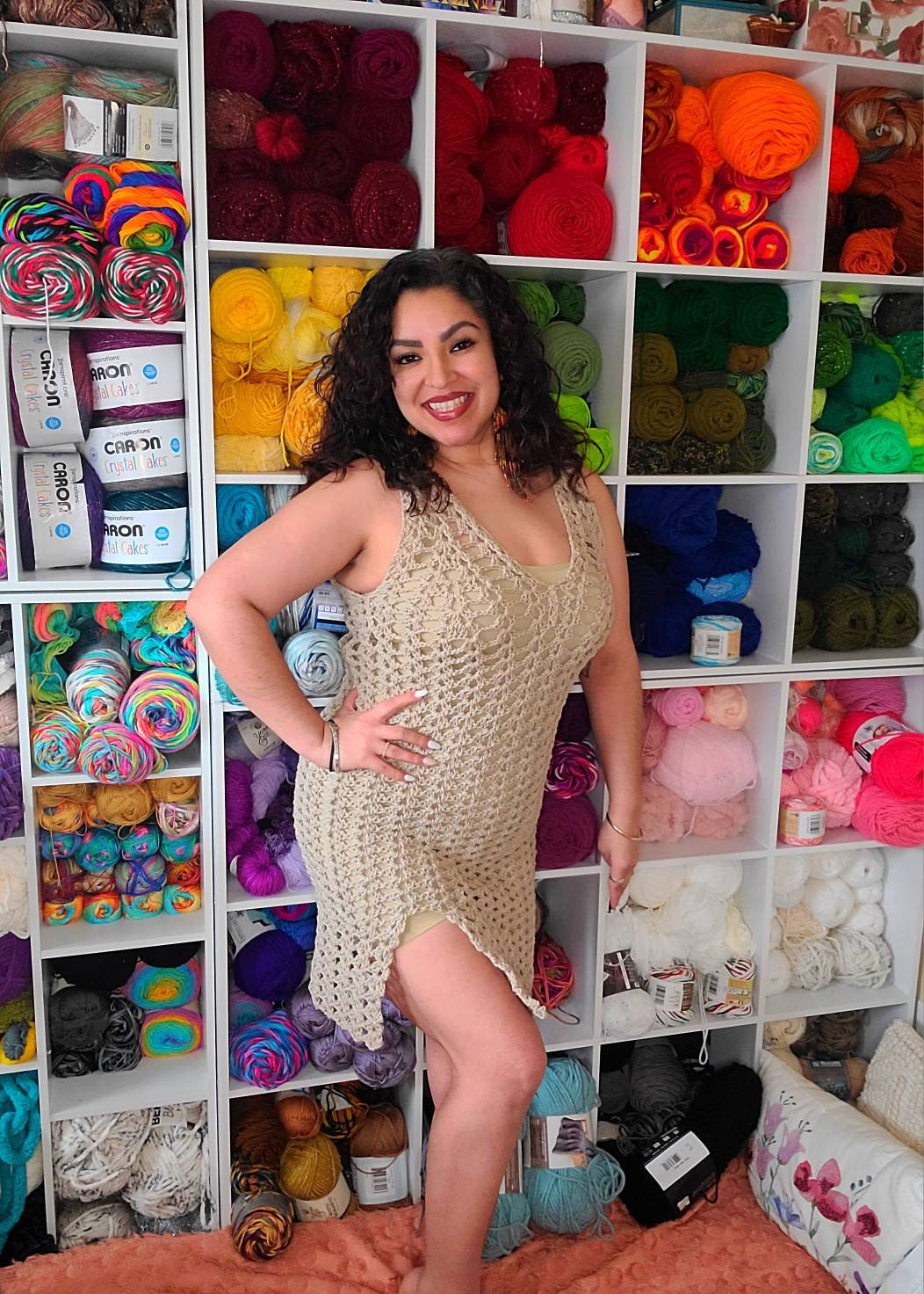 Crochet Dress: Sandy Cheeks Tan Cotton, Women's Size Large