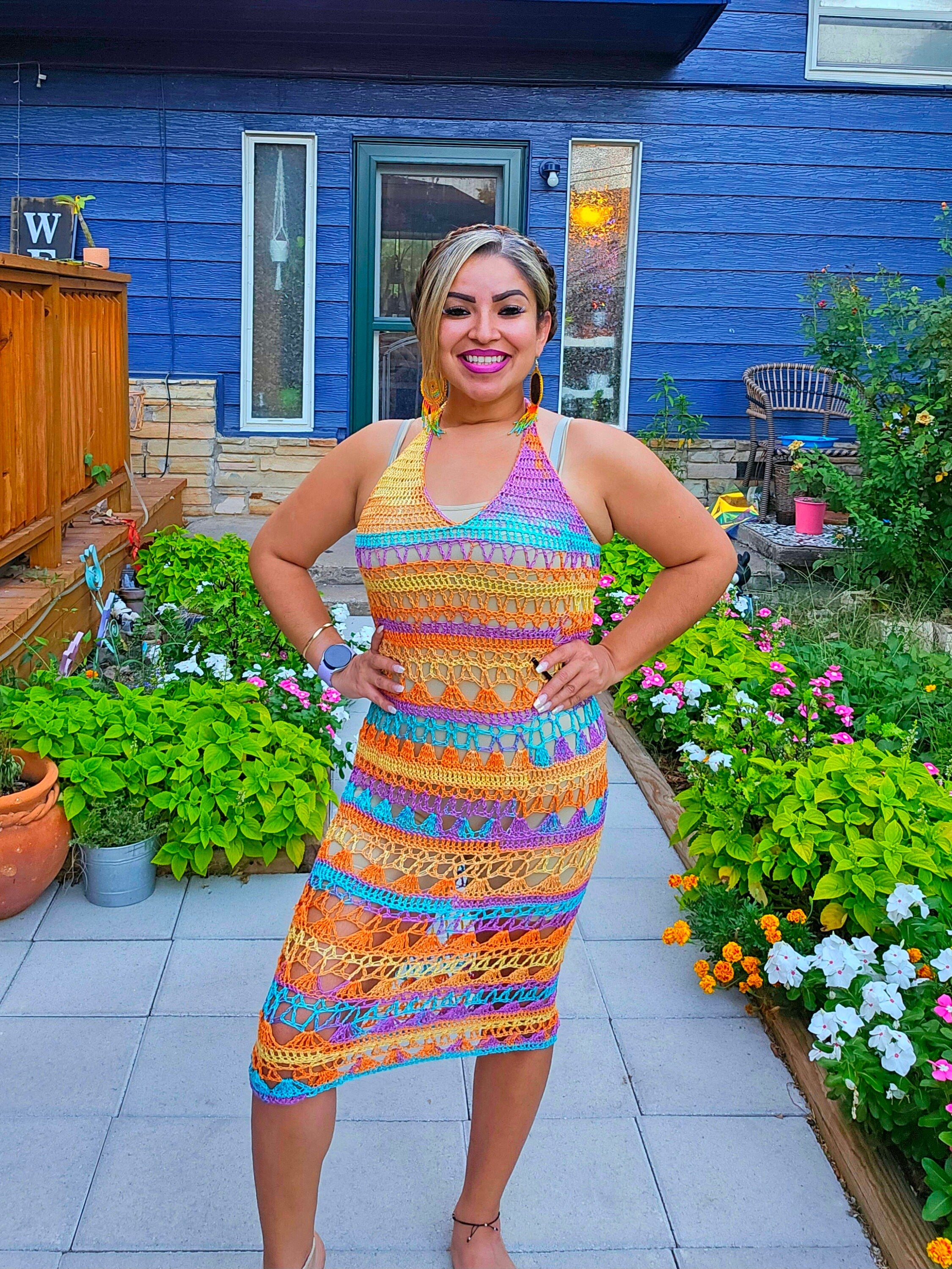 Crochet Sheer Halter Maxi Dress: Teal, Purple, Orange, Yellow - Size Medium