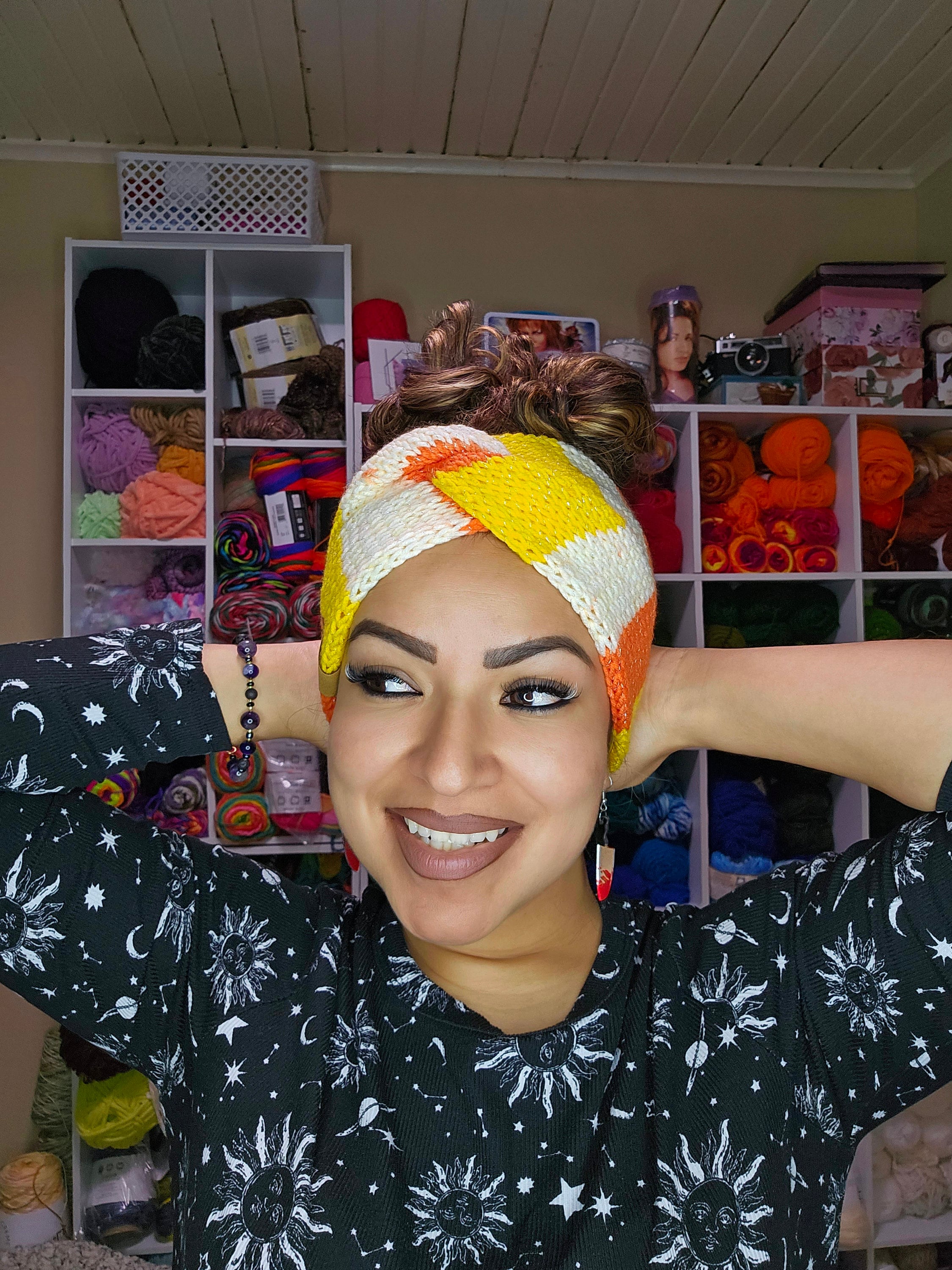 Knit Candy Corn Headband: Sparkle Ear Warmer