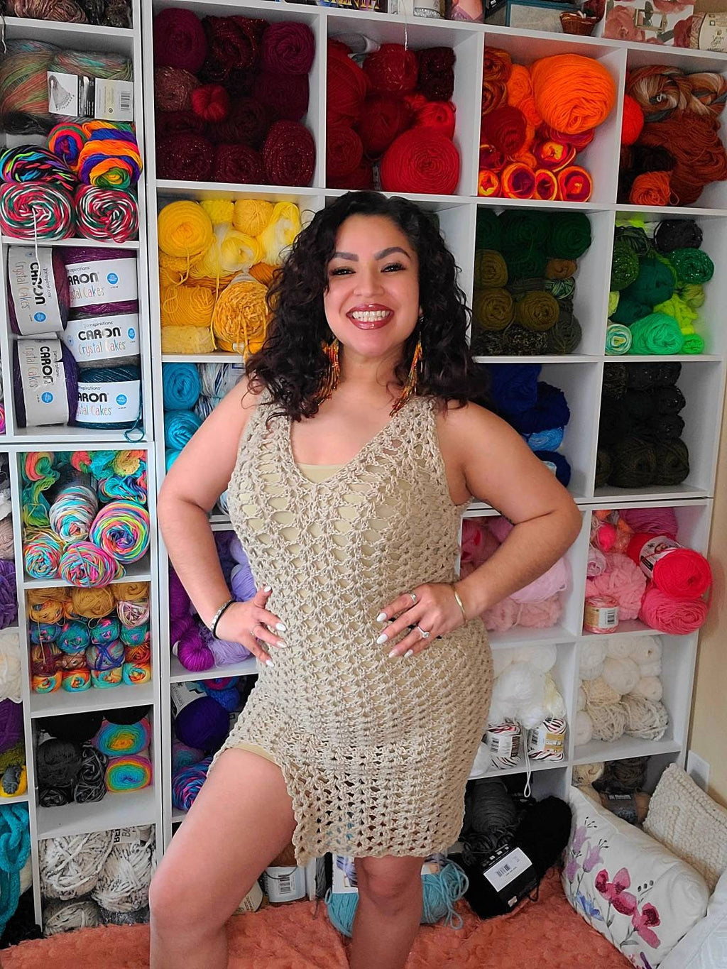 Crochet Dress: Sandy Cheeks Tan Cotton, Women's Size Large
