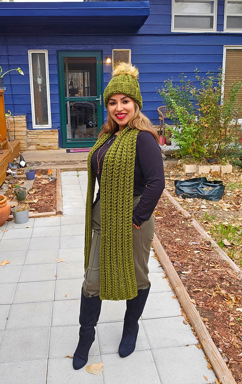 Chunky Crochet Scarf and Matching Beanie with Acrylic Pom