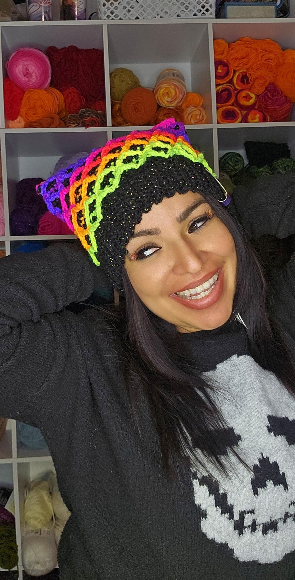 Neon Kitty Beanie, Metallic Acrylic Yarn Hat