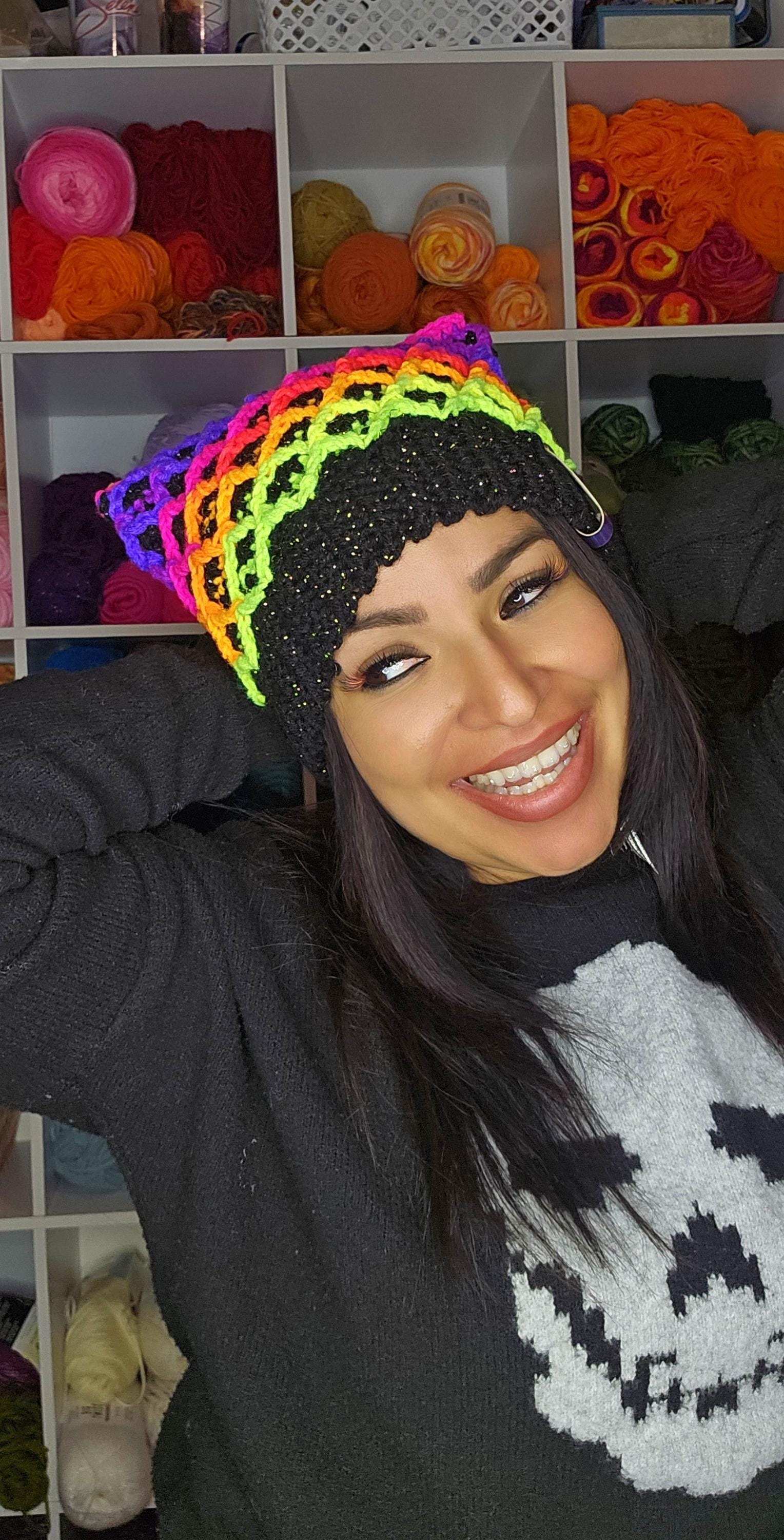 Neon Kitty Beanie, Metallic Acrylic Yarn Hat