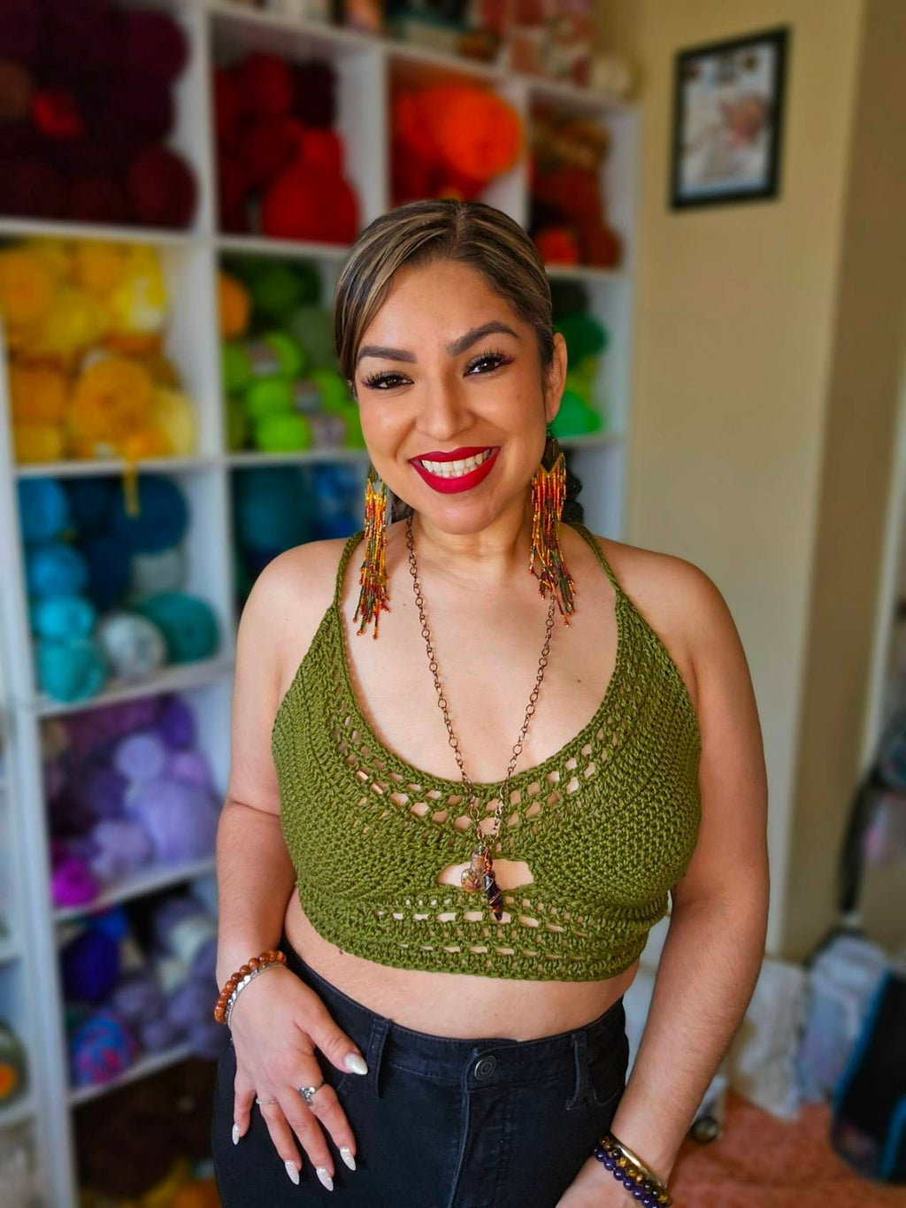 Olive Crochet Halter Top: 100% Cotton