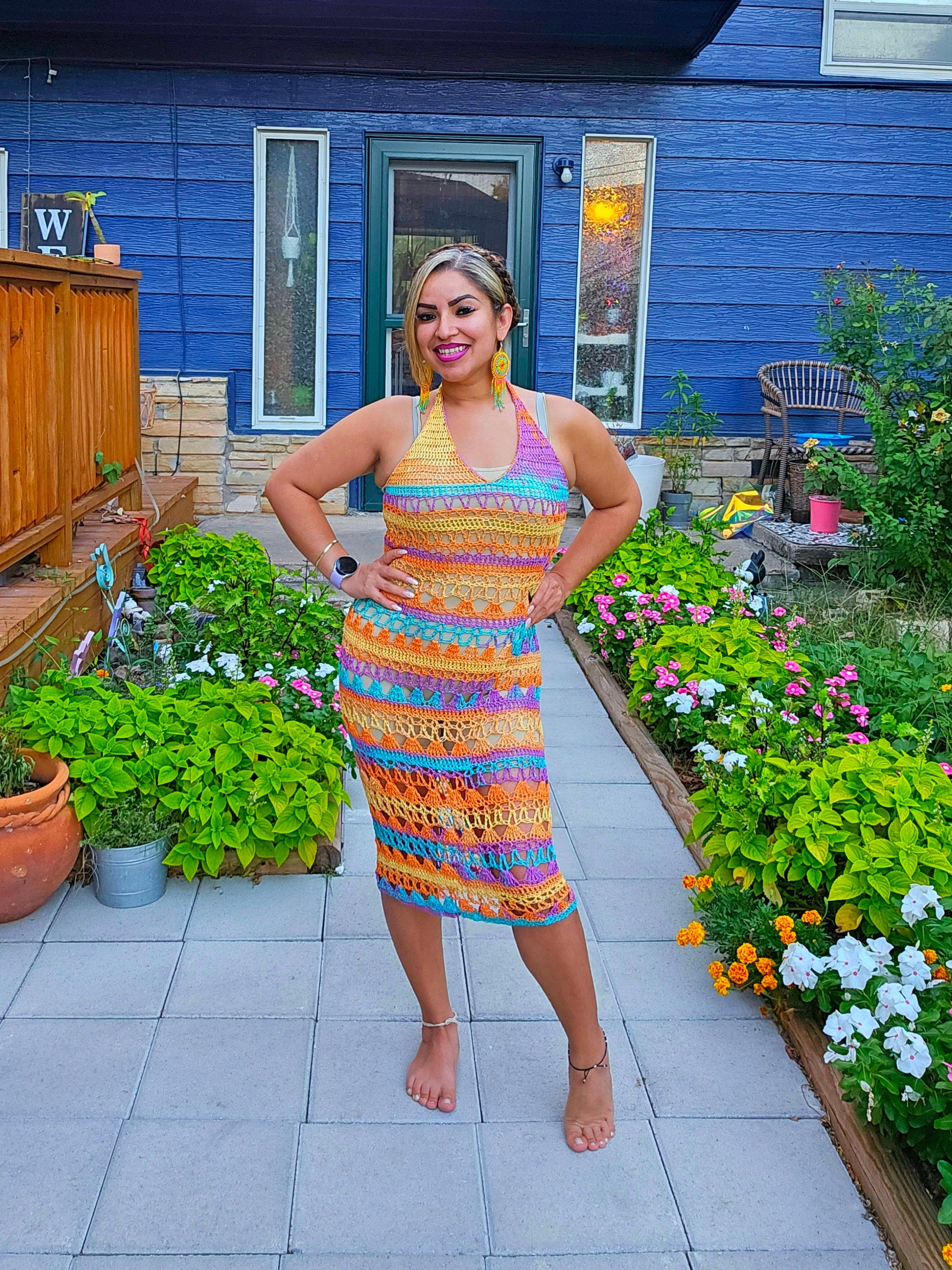Crochet Sheer Halter Maxi Dress: Teal, Purple, Orange, Yellow - Size Medium