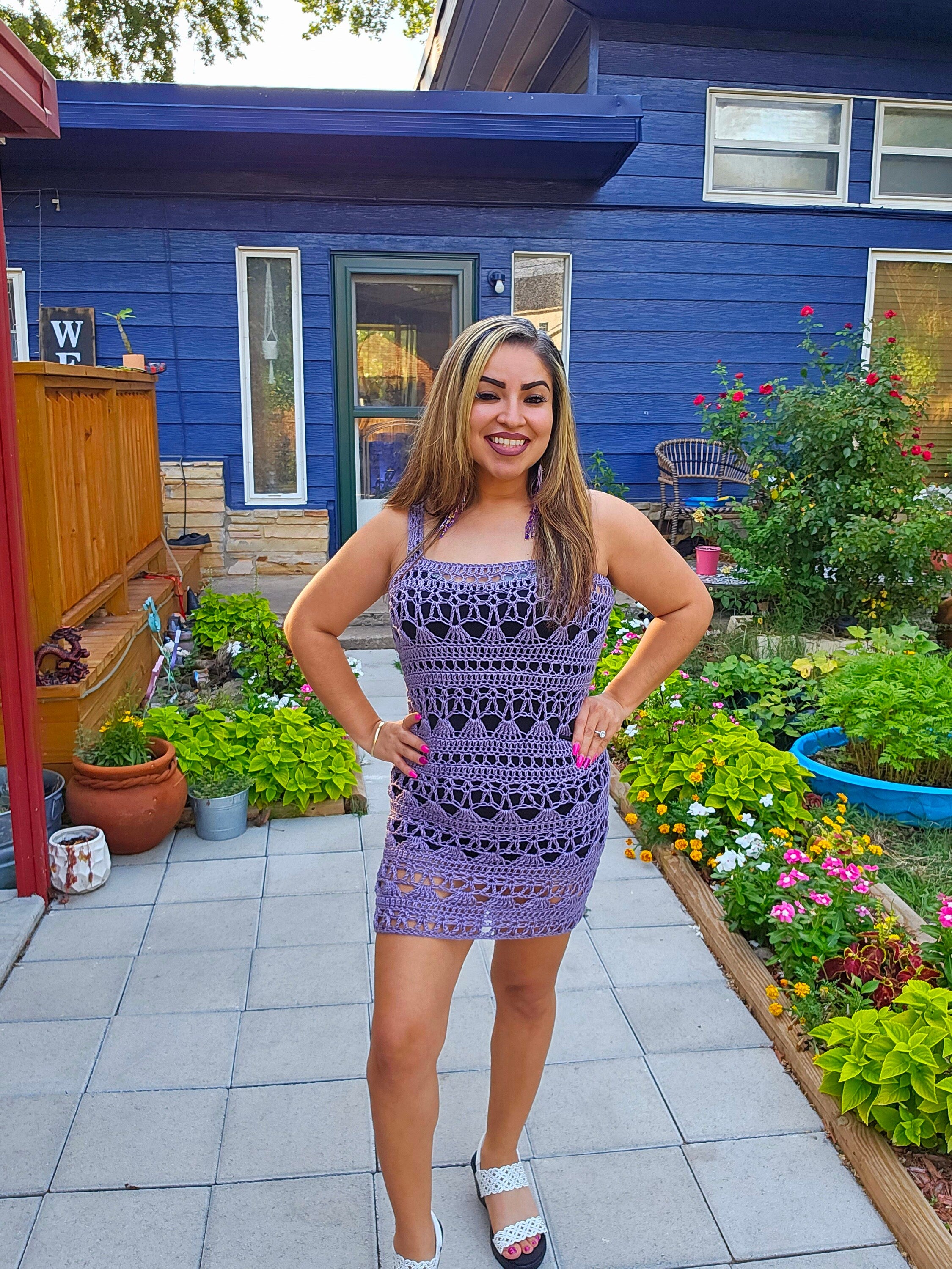 Crochet Lavender Baila Mini Dress: Sheer Microfiber Acrylic