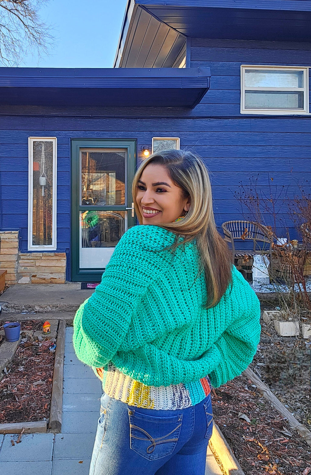 Crochet Love Cardigan Mini Jacket: Jade Green, Multicolor Border (Large)