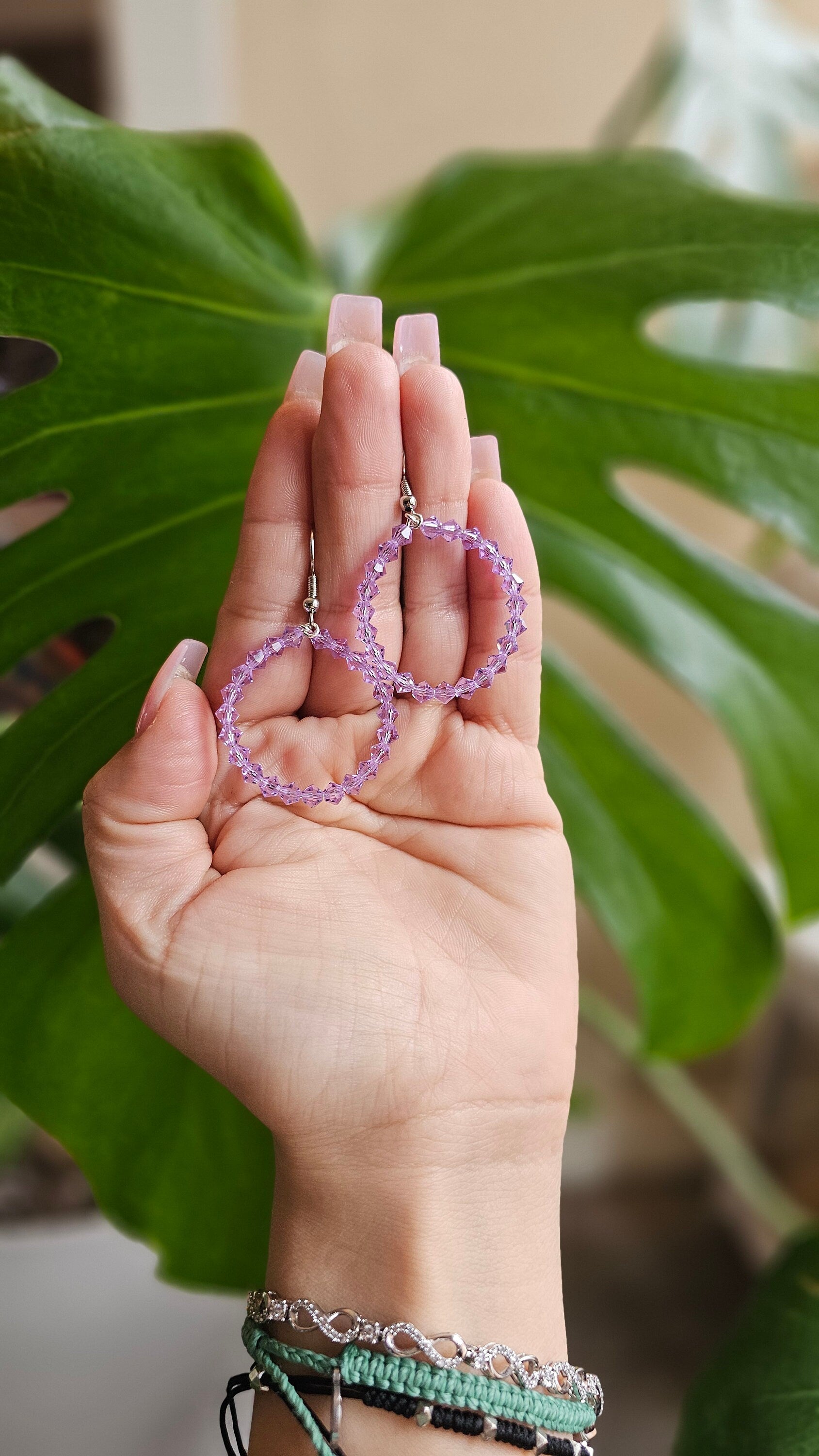 Czech Glass Lavender Beaded Hoop Earrings