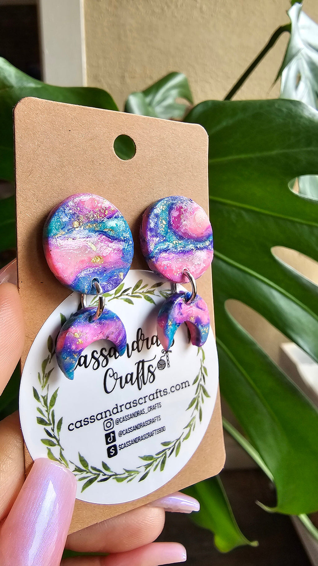 Polymer Clay Teal Pink Moon Earrings