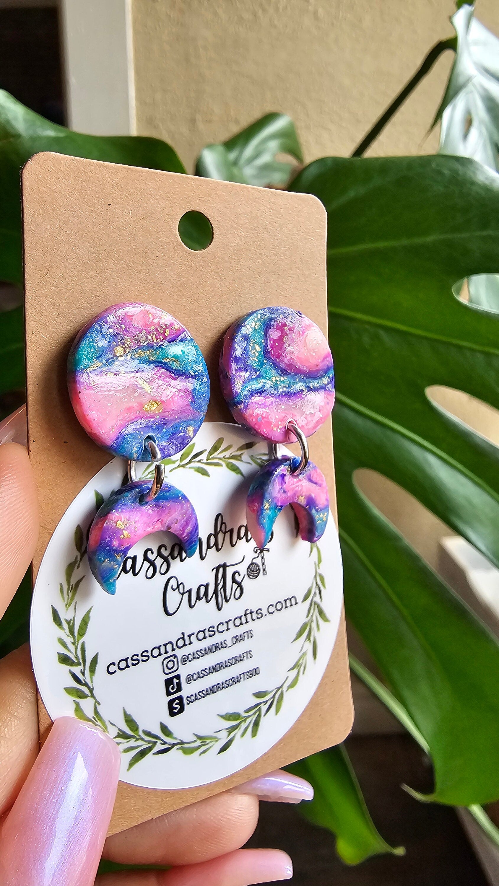 Polymer Clay Teal Pink Moon Earrings