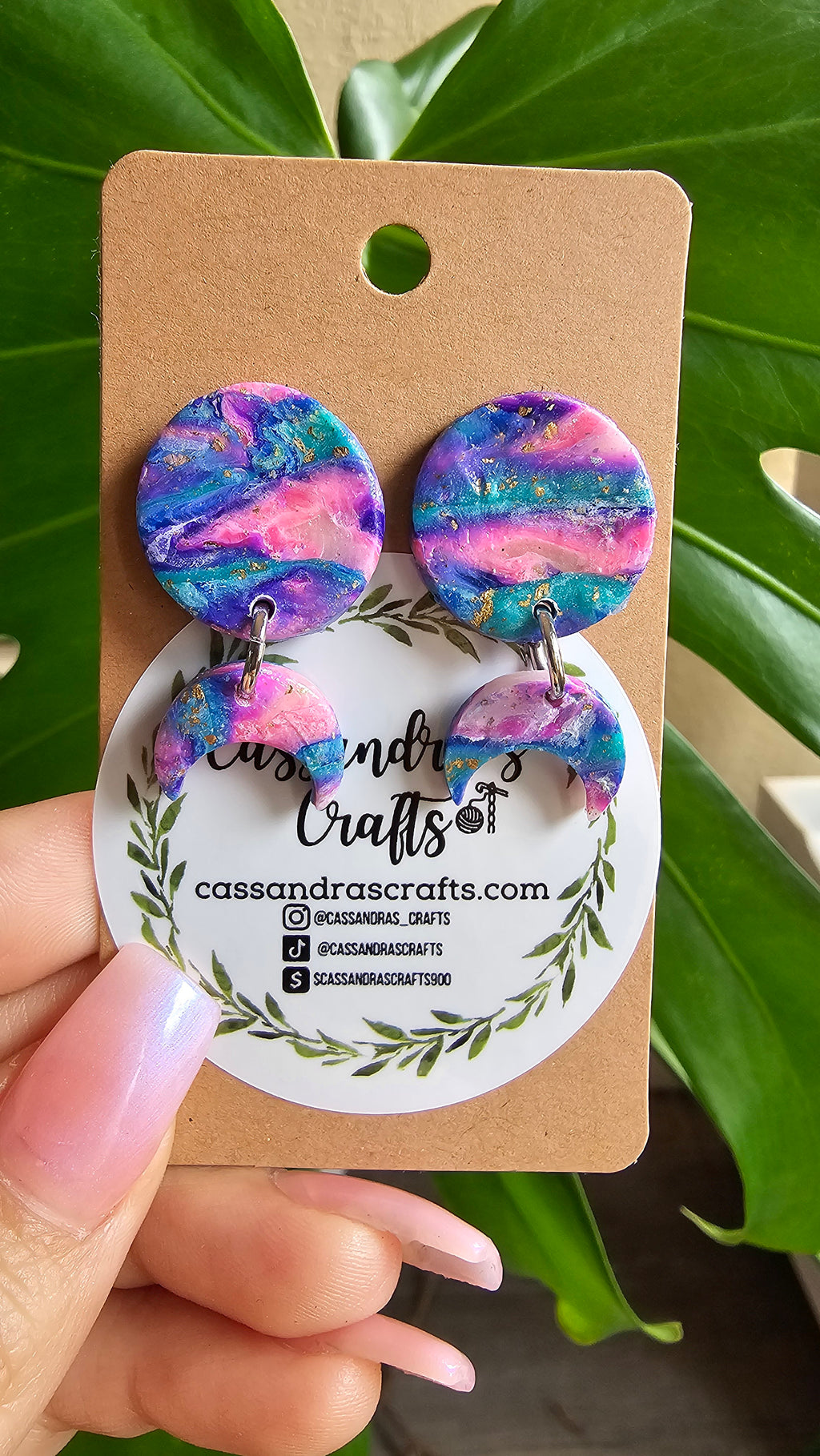 Polymer Clay Teal Pink Moon Earrings