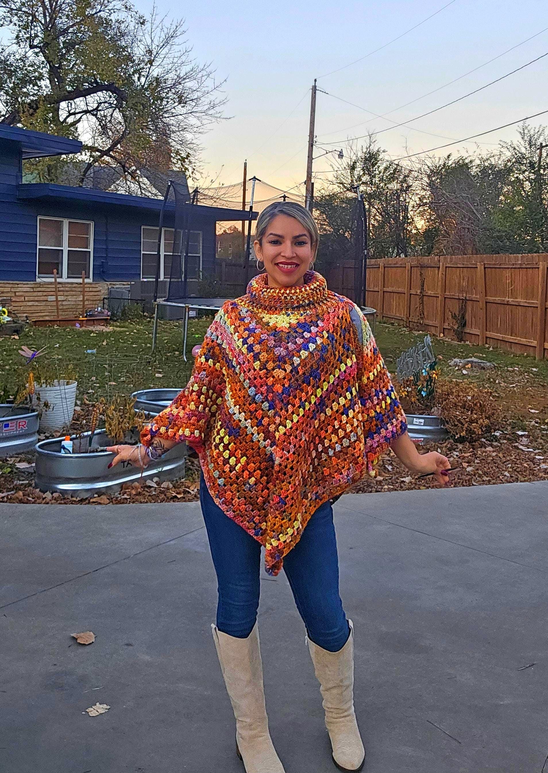 Crochet Open Shoulder Poncho: Orange Spice Fall Colors, M/L