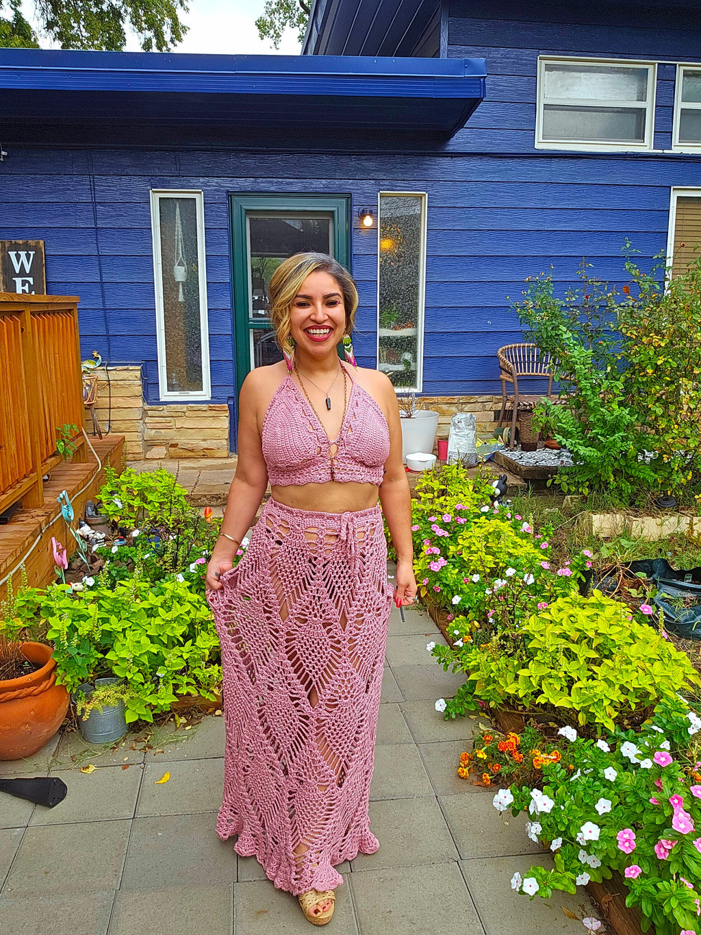 Crochet Rose Top and Skirt Set: Adjustable Cotton Knit