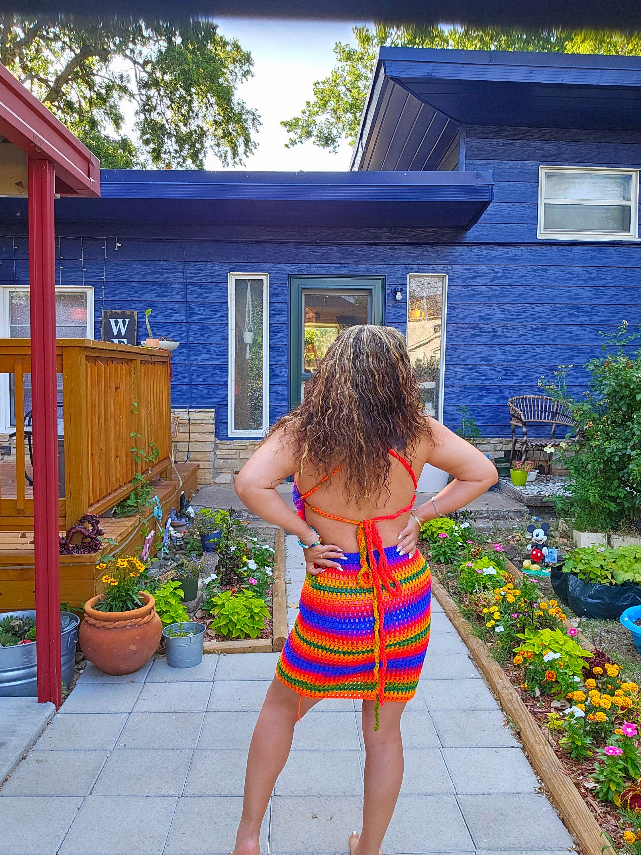 Crochet Rainbow Mini Dress: Adjustable Cup Size, Acrylic Yarn