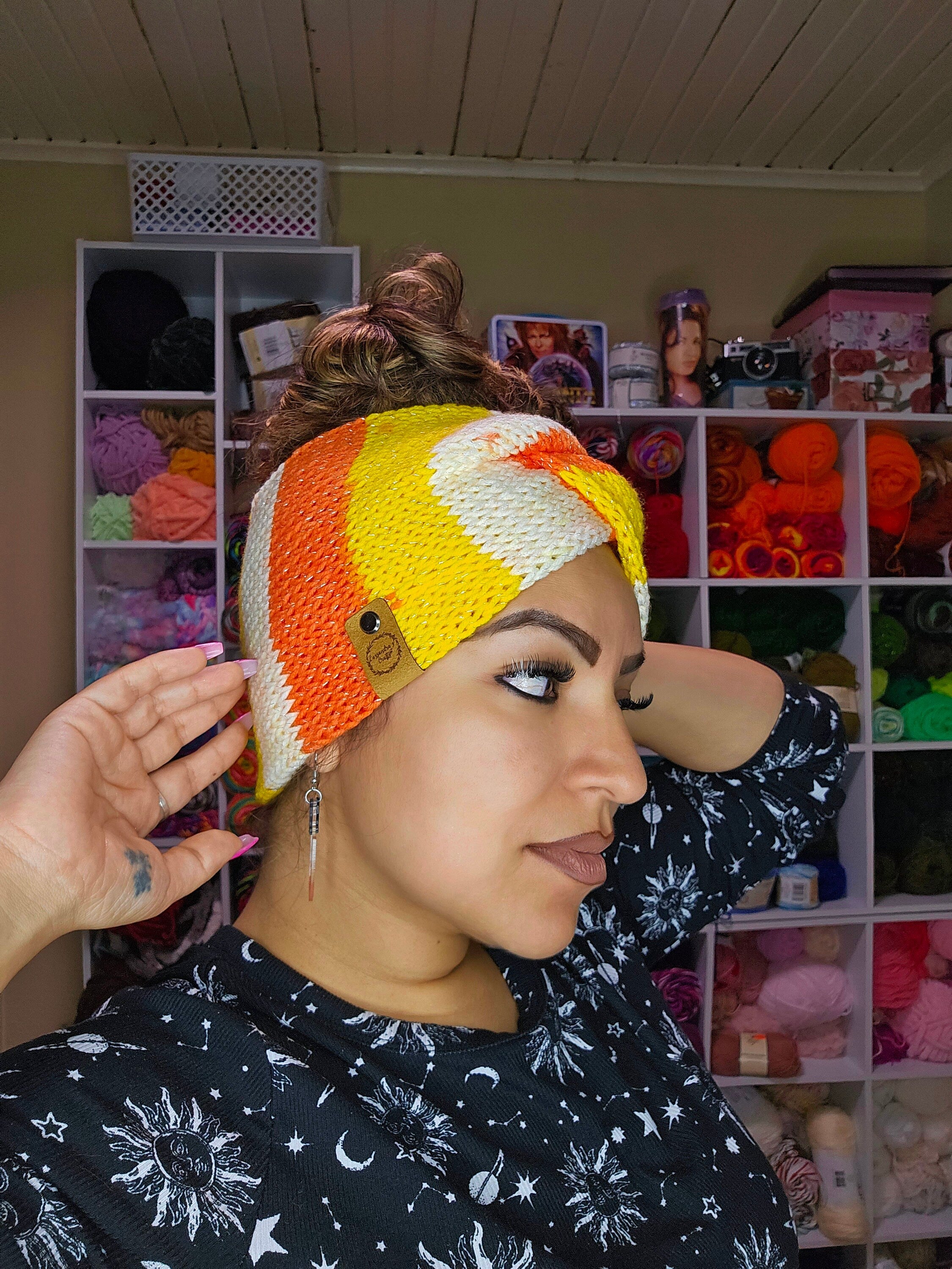 Knit Candy Corn Headband: Sparkle Ear Warmer