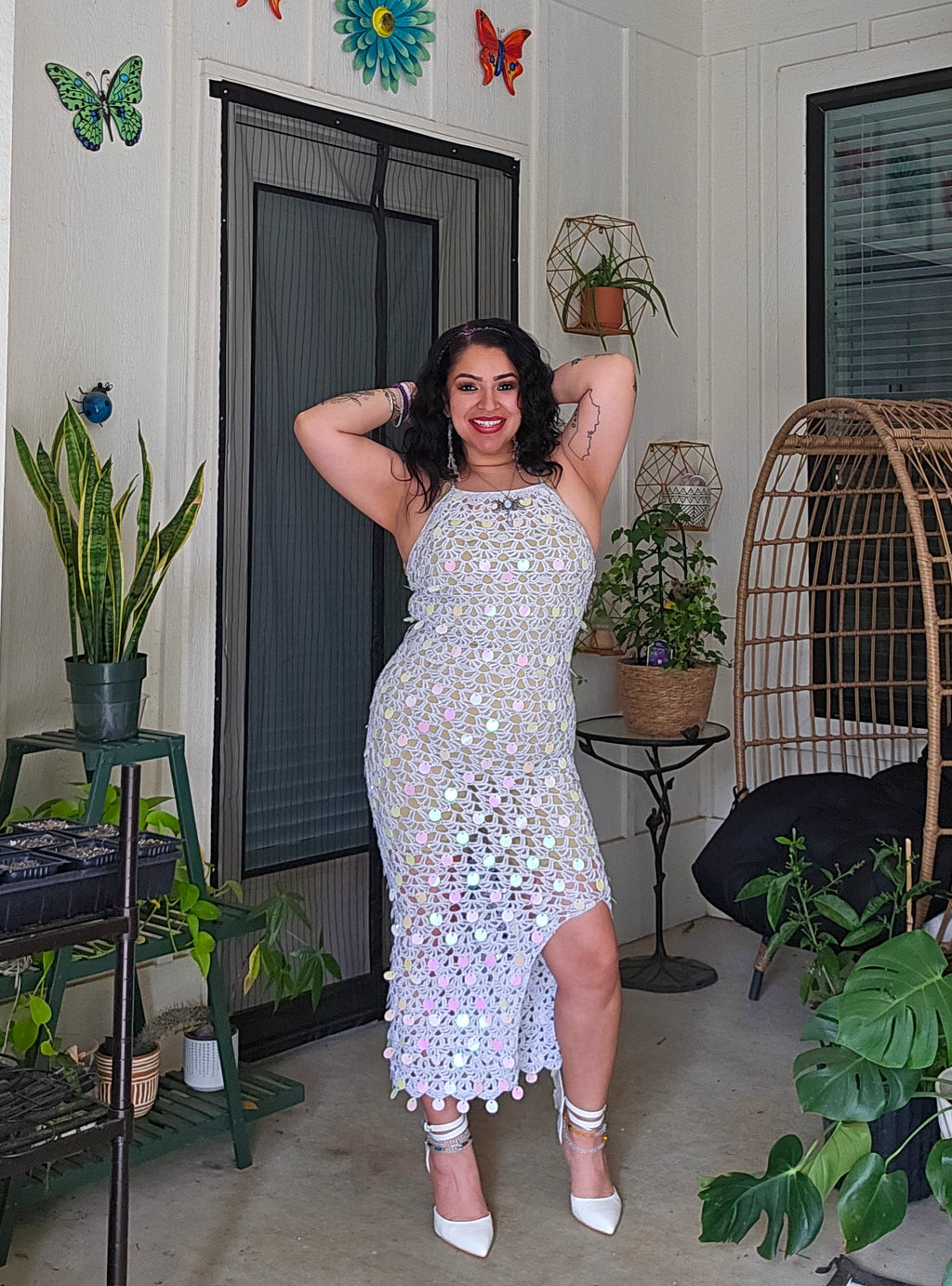 Crochet Astra Midi Dress with holographic sequins