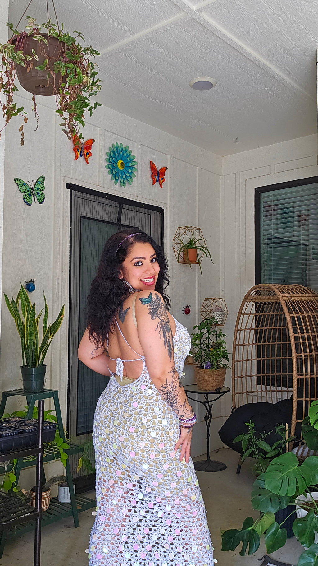 Crochet Astra Midi Dress with holographic sequins