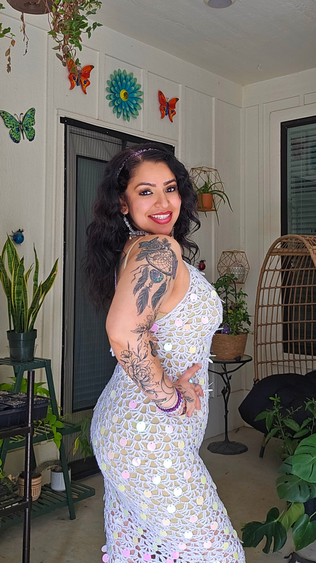 Crochet Astra Midi Dress with holographic sequins