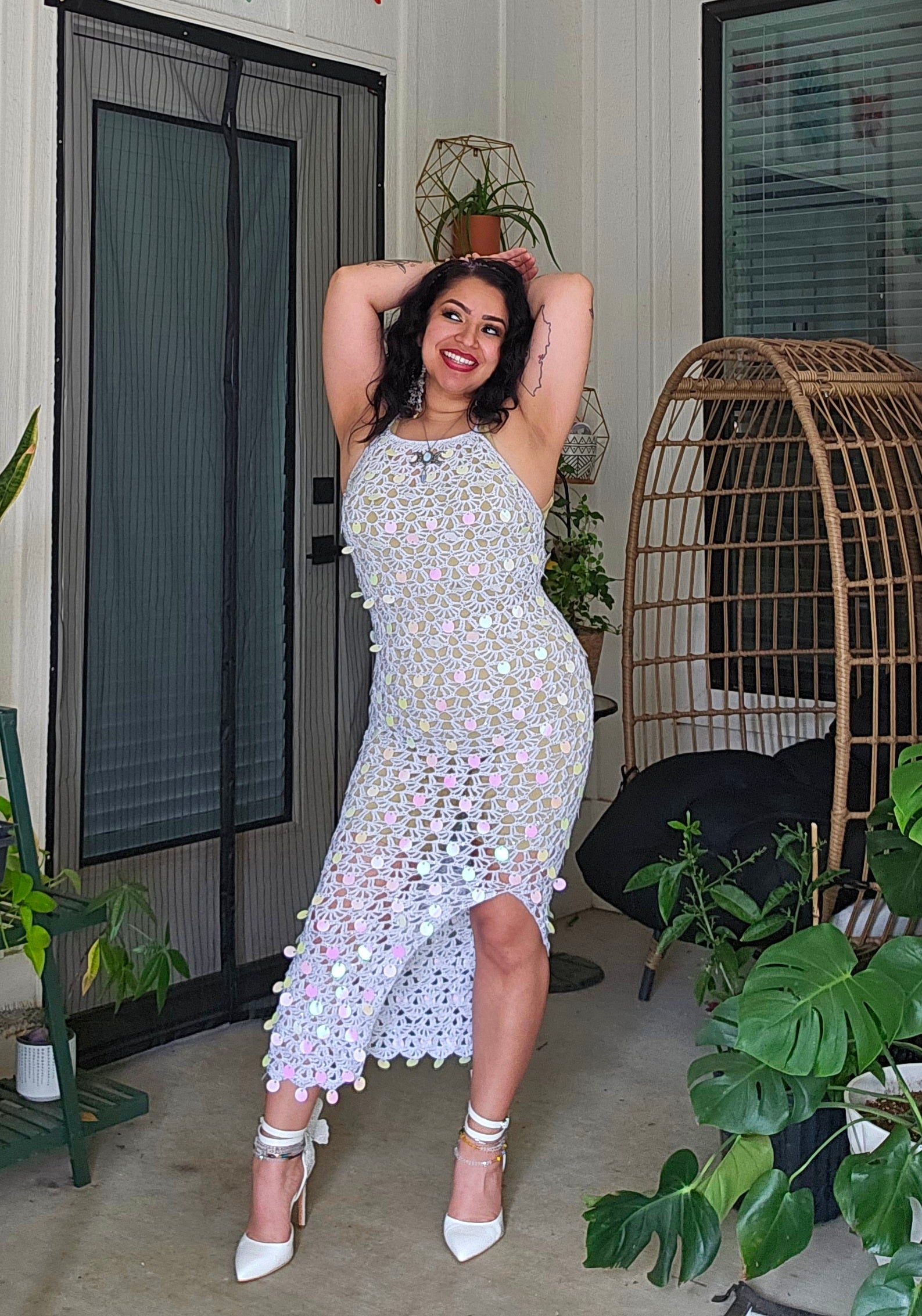 Crochet Astra Midi Dress with holographic sequins