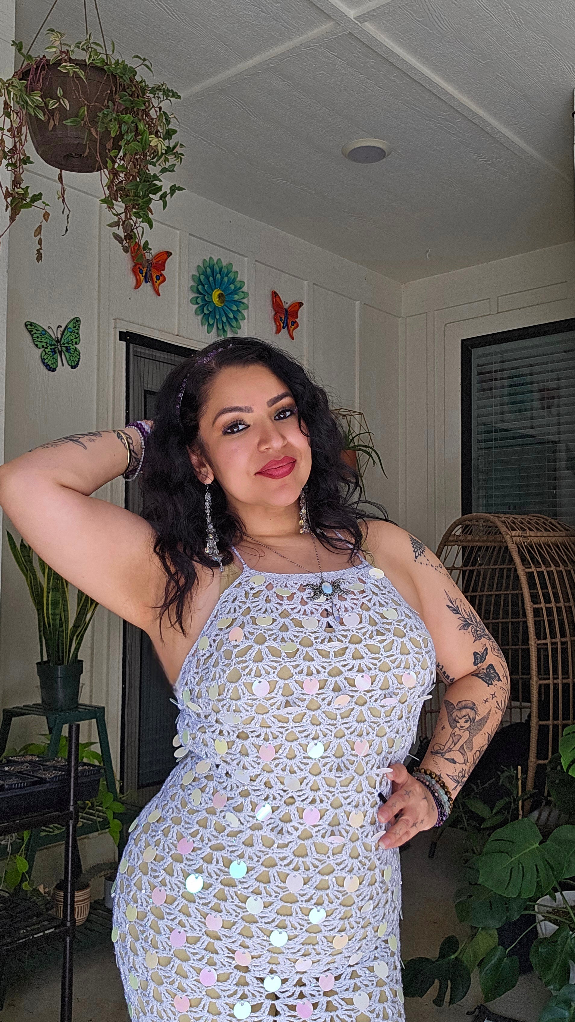 Crochet Astra Midi Dress with holographic sequins
